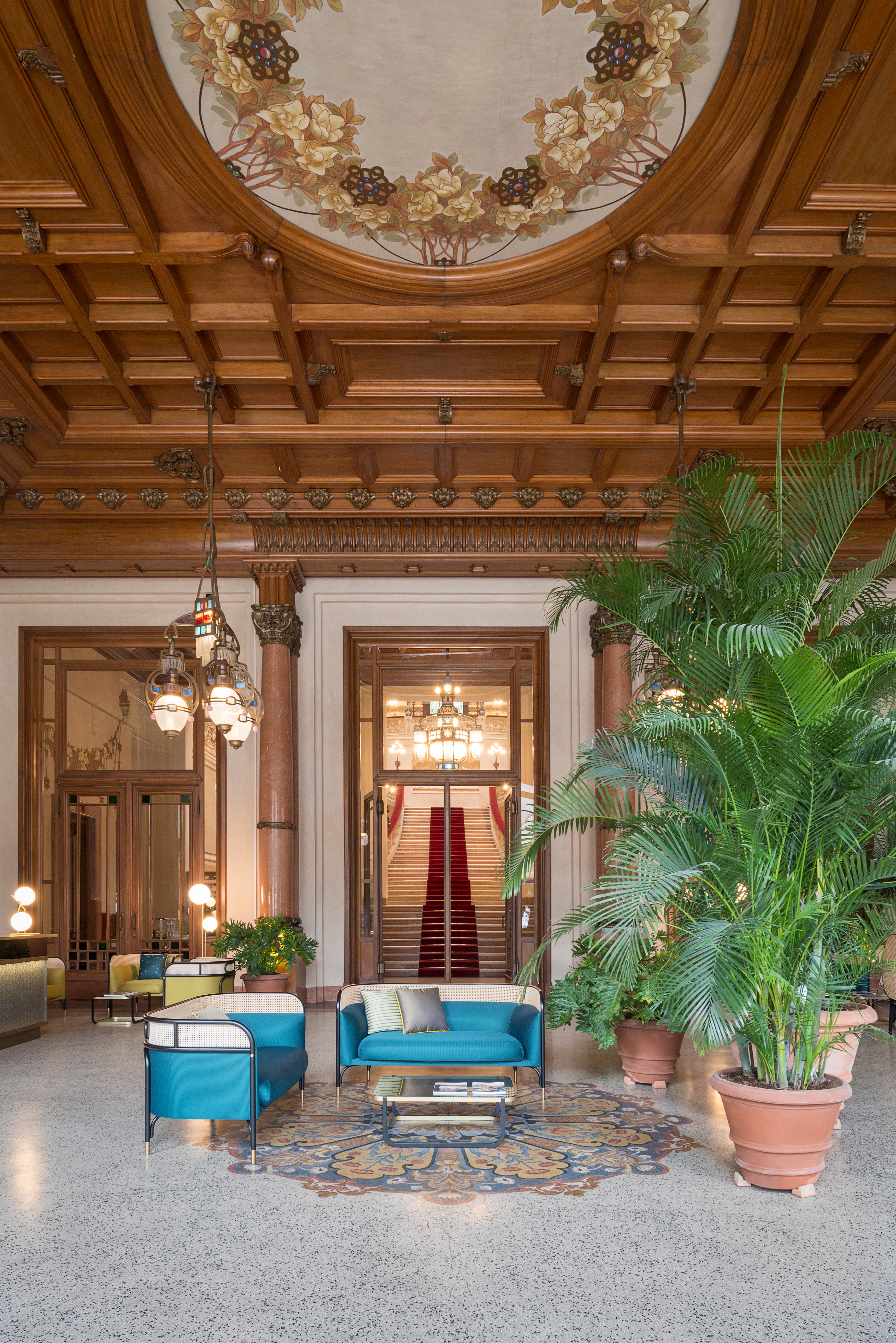 Almost 300 GTV chairs, armchairs, sofas and tables grace the panelled and frescoed interiors of the 100-year-old-plus QC Terme San Pellegrino thermal baths near the Italian city of Bergamo, in a dialogue of transcendent elegance