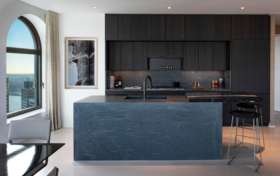 The model kitchens feature custom Pedini Italian millwork cabinetry, state-of-the-art Gaggenau appliances, Pietra Cardosa stone countertops from Tuscany and Spanish Nero Marquina marble cantilevers