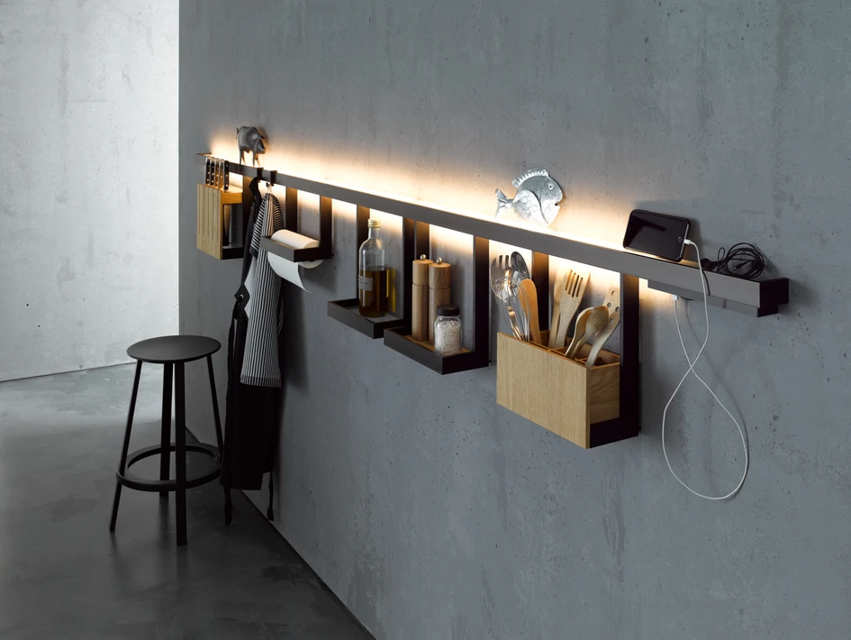 The Light rail can be individually equipped and added to, and can be used in different spaces such as  the kitchen or the hallway, for example