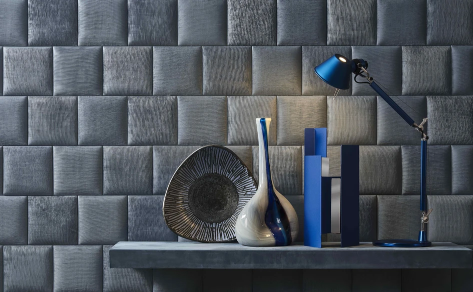 The Quadrato design from Studioart’s Leatherwall collection brings sartorial allure to space with padded square leather tiles