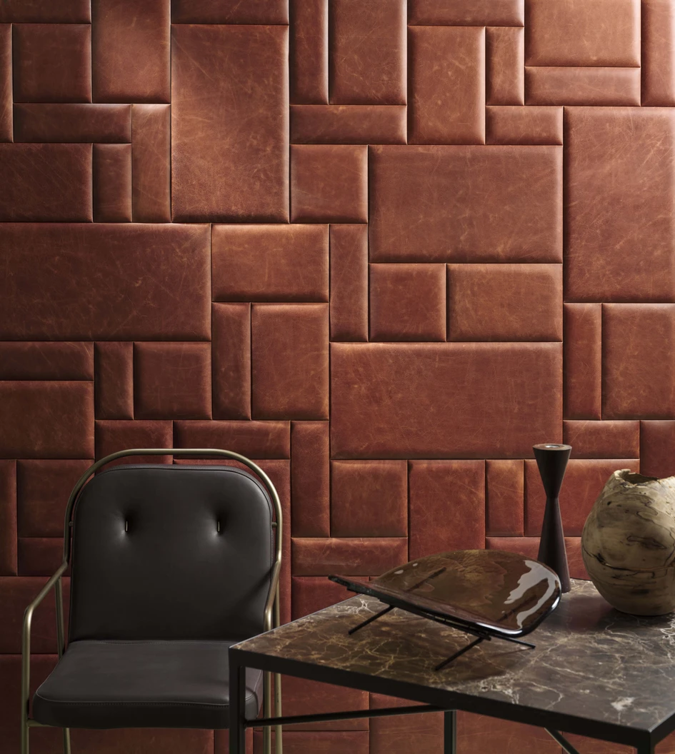 Pictured here, the Pattern 6 design in the deep and warm ’Natural Cuoio’ colour, which combines rectangular and square tiles to create a geometric pattern