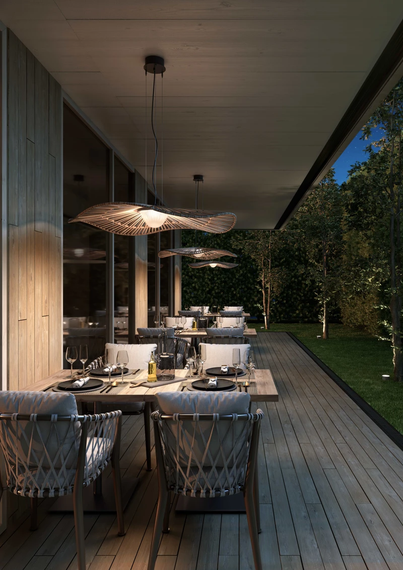 Bringing biophilia to this outdoor seating space, the rippling shade of the Mediterrània light evokes an organic warmth which is non-invasive, friendly and habitable