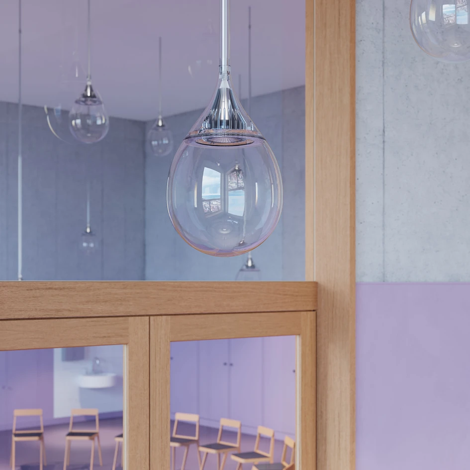 The drop-shaped TEA luminaire has been used in buildings designed by the world-renowned Basel-based architects Herzog & de Meuron for years