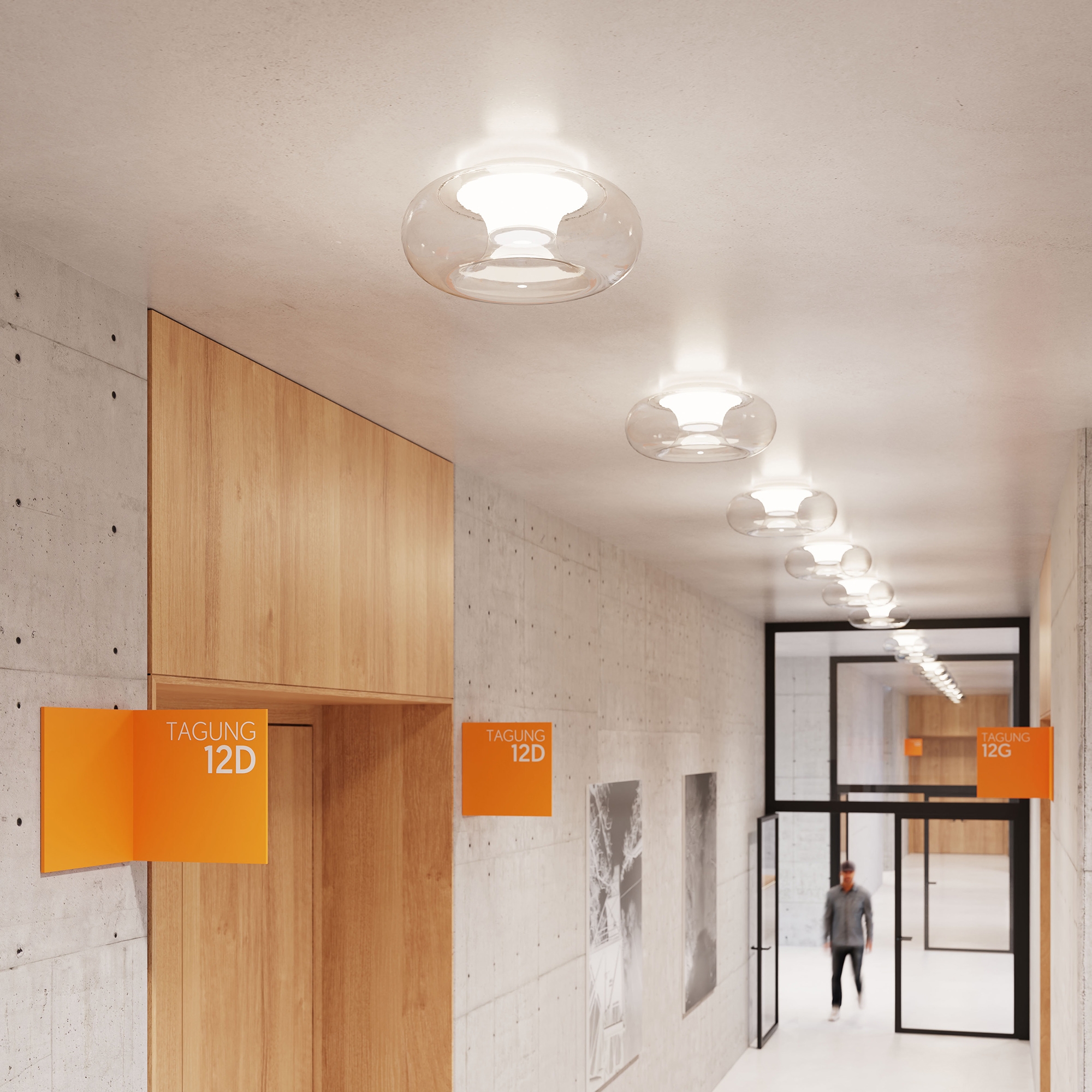 Thanks to its ring-shaped design, the TORUS ceiling luminaire fits in with numerous room types and building styles. It can be installed almost anywhere and in various different combinations, for example in rows leading through long corridors