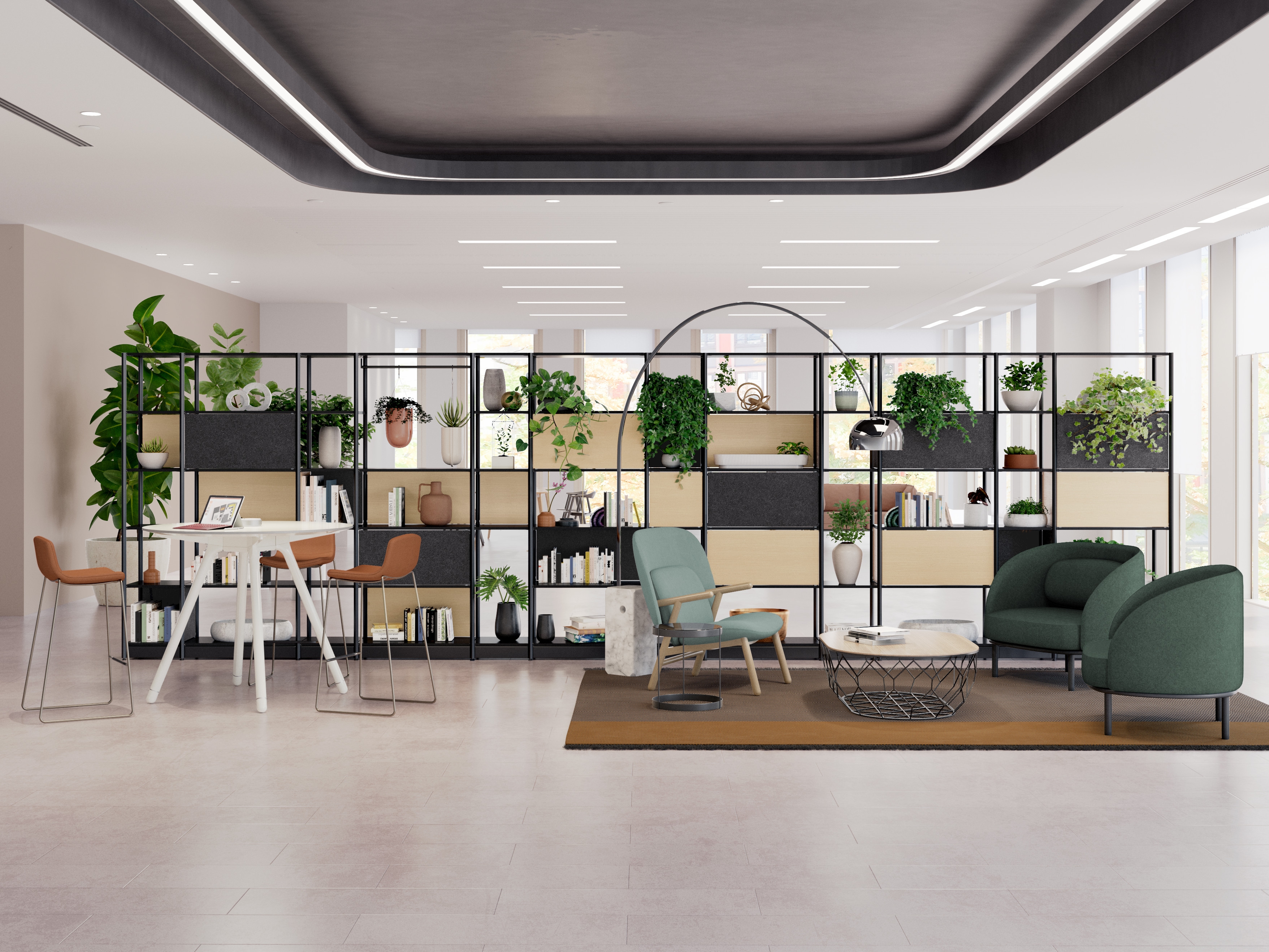 The adaptable Flex Active Frames allow creative changes to a workplace’s interior architecture, providing acoustic and visual privacy with custom combinations of greenery and office foliage