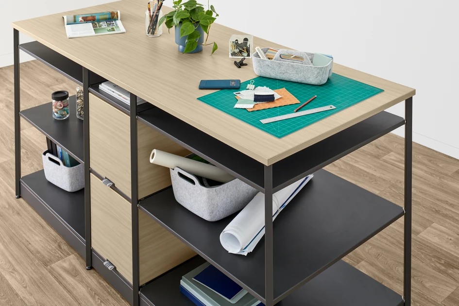 Work Islands (pictured) and Work Bridges can be added to blueprints as central areas where teams converge for informal meetings, or where more physical creative tasks can be performed