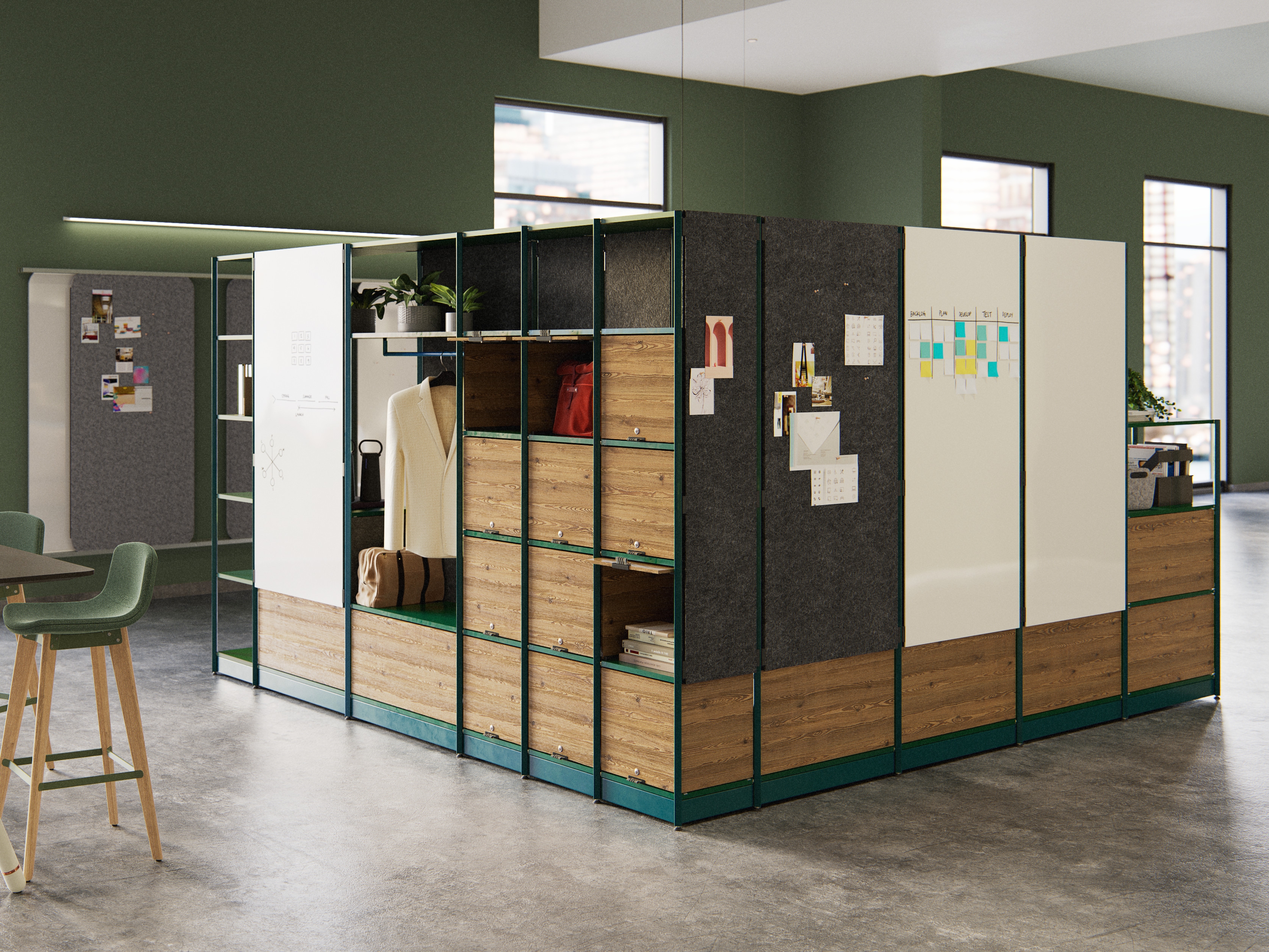 With the addition of either fabric-pulled or lockable doors, single shelves can play home to personal items or sensitive files, both freeing up desk space and creating a more informal social area