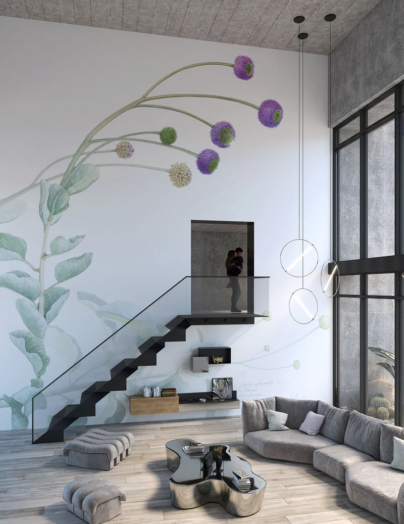 Artist Margherita Leoni’s pale pencil drawings of botanical details bring a muted floral effect to the Seminami design (top). The Chresta design displays a delicate purple bloom across a double-height space (above)