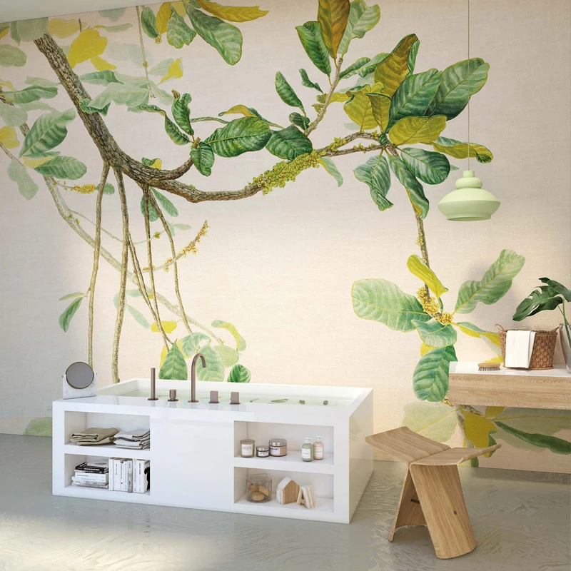 The Hilocereus design pictured above in a bathroom in night blue is also available with a cerulean, teal or soil background colour. Below, the Cerrado brings a warmer atmosphere with yellow and green hues