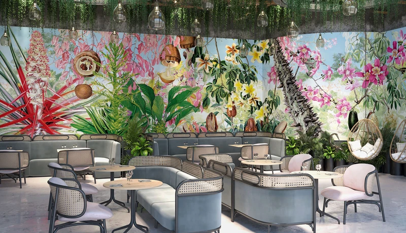 Paradiso 21 is Tecnografica’s most bold and celebratory floral wallpaper. The design makes a colourful impact on public and commercial spaces, as in the restaurant pictured here