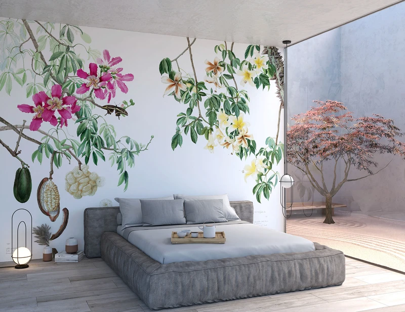 Fruits, butterflies, tonal leaves, and pink and yellow petals create an artistic mural for a bedroom with the Ceiba design