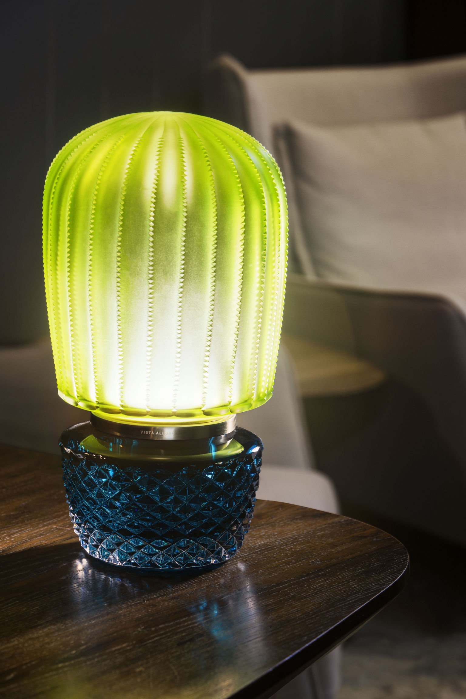 Magis has translated the Linnut glass figures by Finnish designer Oiva Toikka into polycarbonate illuminated sculptures (top). The sculptural Abissal by Vista Alegre (above) is made of coloured crystal glass