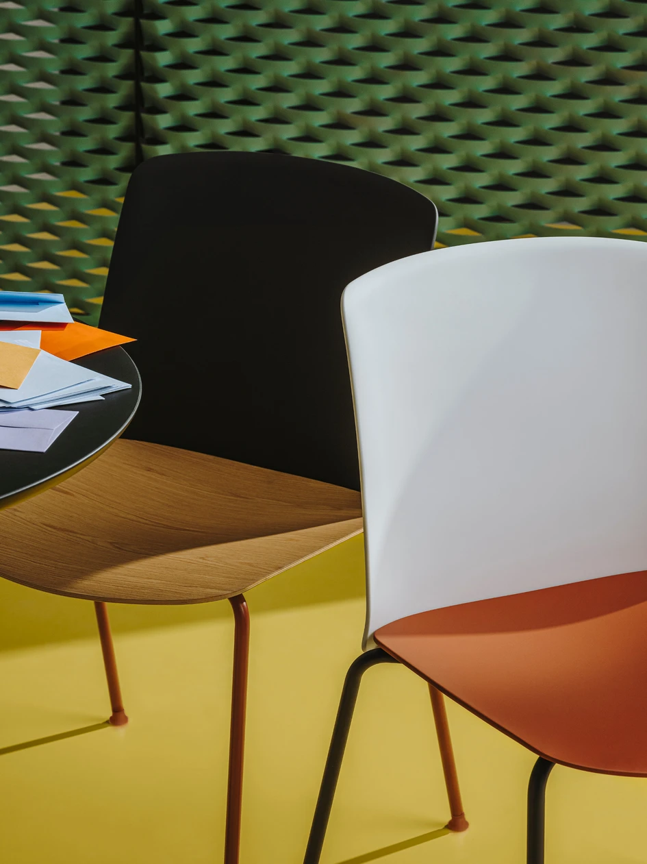 The Mixu chair is fully customisable, allowing you to define the mood of an interior via distinct colour and material combinations through the backrest, seat and legs. Photos: Alga Studio (top), Salva Lopez (above)