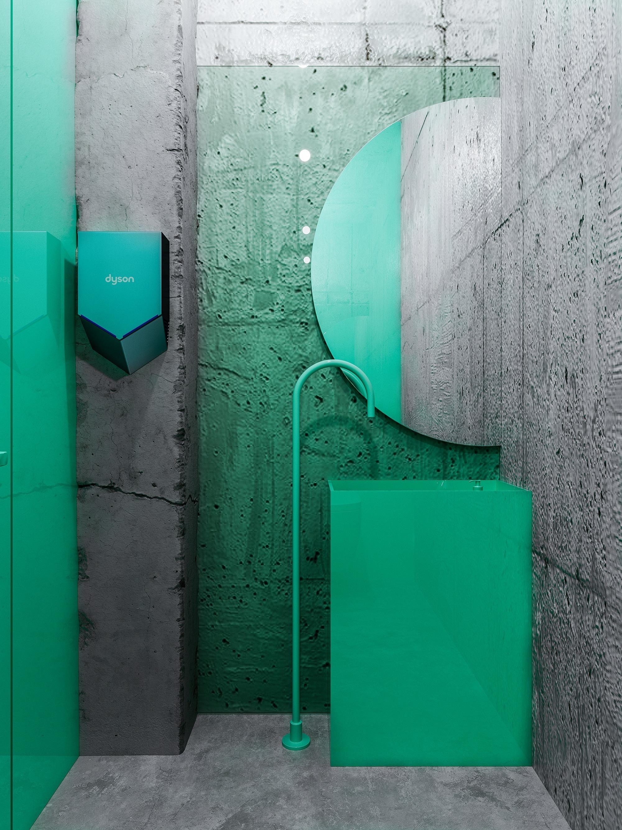 Reutov Design's In Harmony with Nature Café uses a simple colour and material palette to distinguish between the concrete background and green furnishings. Photos: Reutov Dmitry, Gerner Ekaterina
