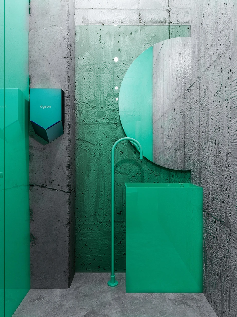 Reutov Design's In Harmony with Nature Café uses a simple colour and material palette to distinguish between the concrete background and green furnishings. Photos: Reutov Dmitry, Gerner Ekaterina