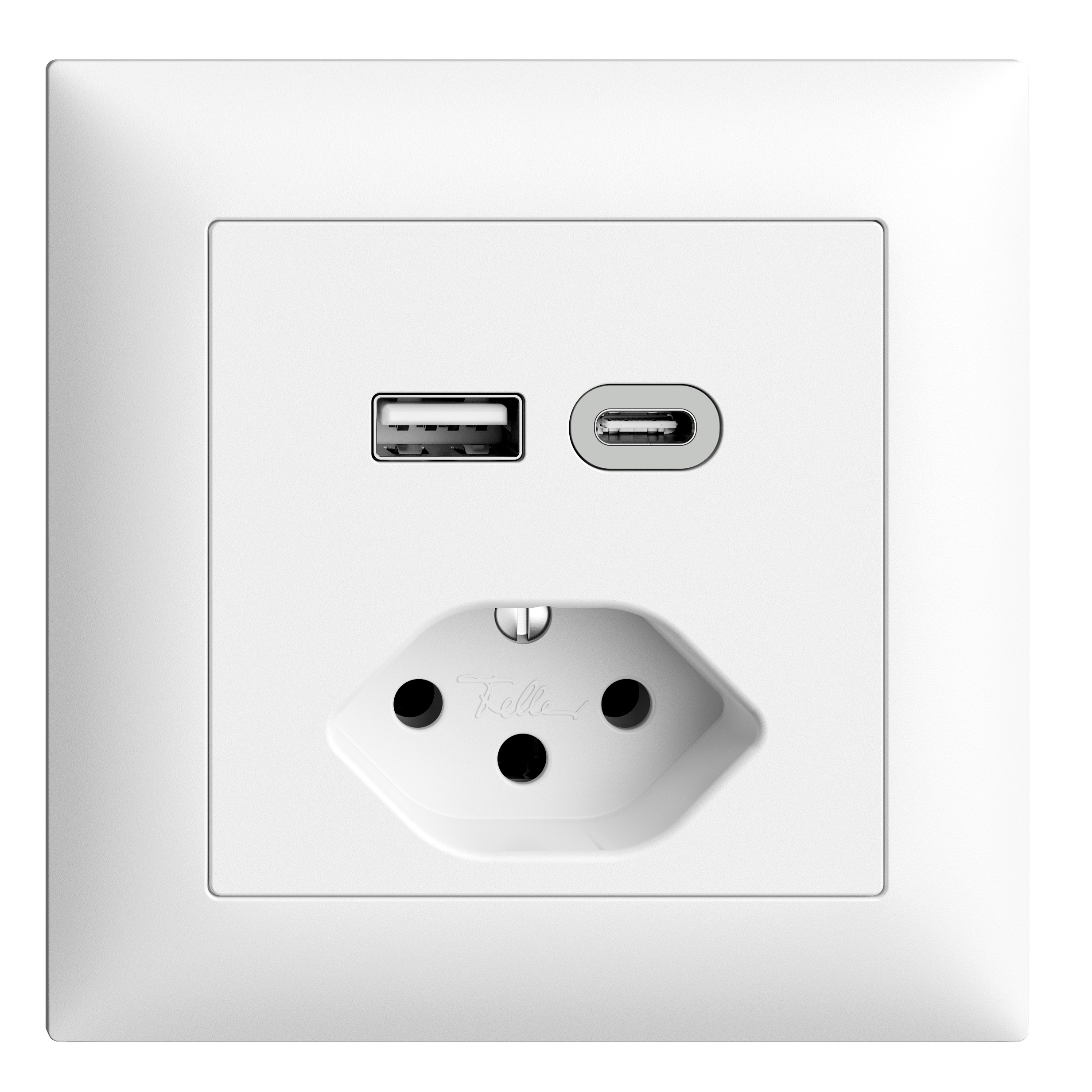 Available in the STANDARDdue or EDIZIOdue designs: charging sockets with USB-A and USB-C connections, paired with a conventional 230 V socket (T13 slot)