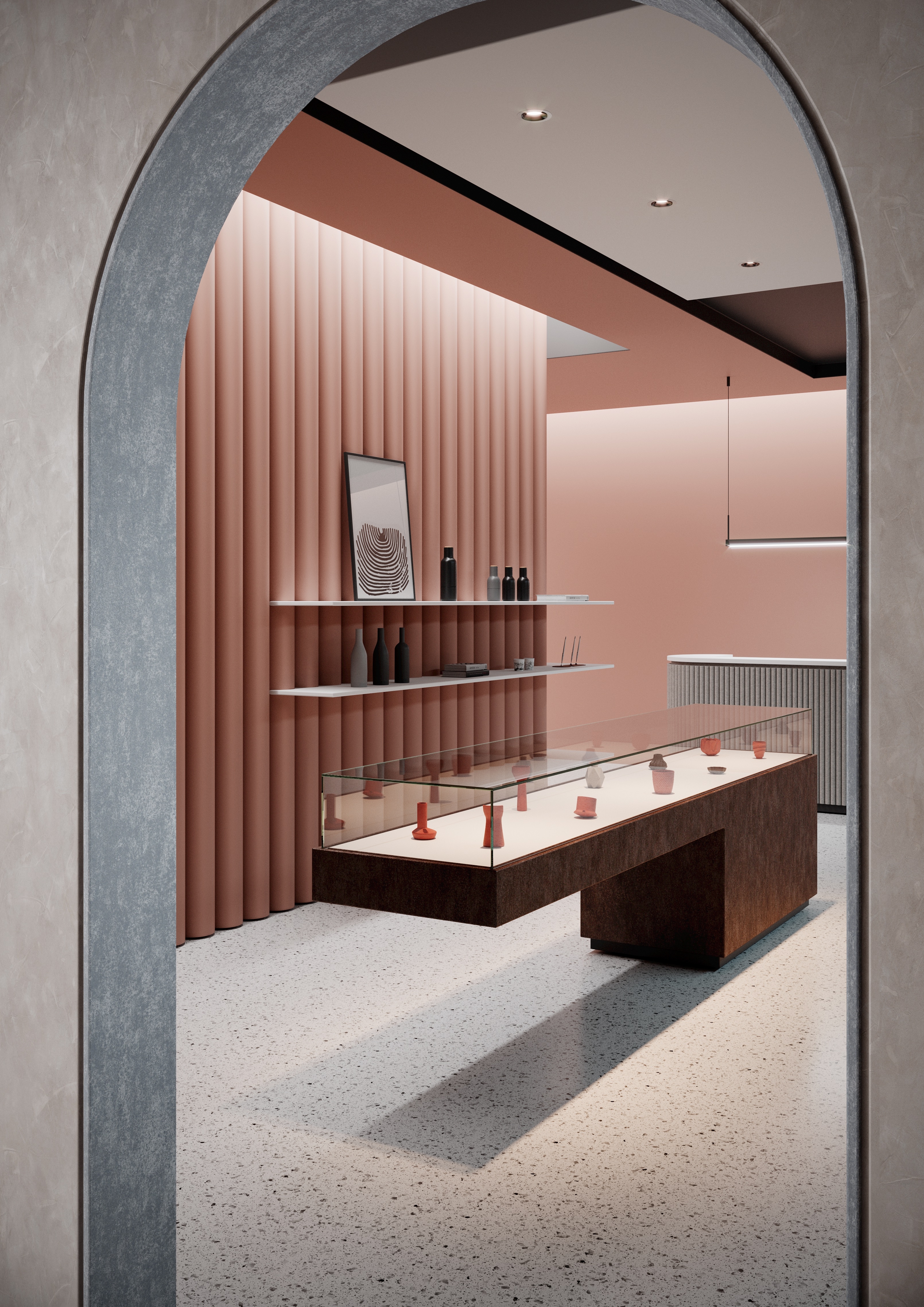 The DI-NOC™ Artisanal Series features finishes such as plastered stucco, mortar, terracotta, and oxidised copper plates – seen here in this retail space