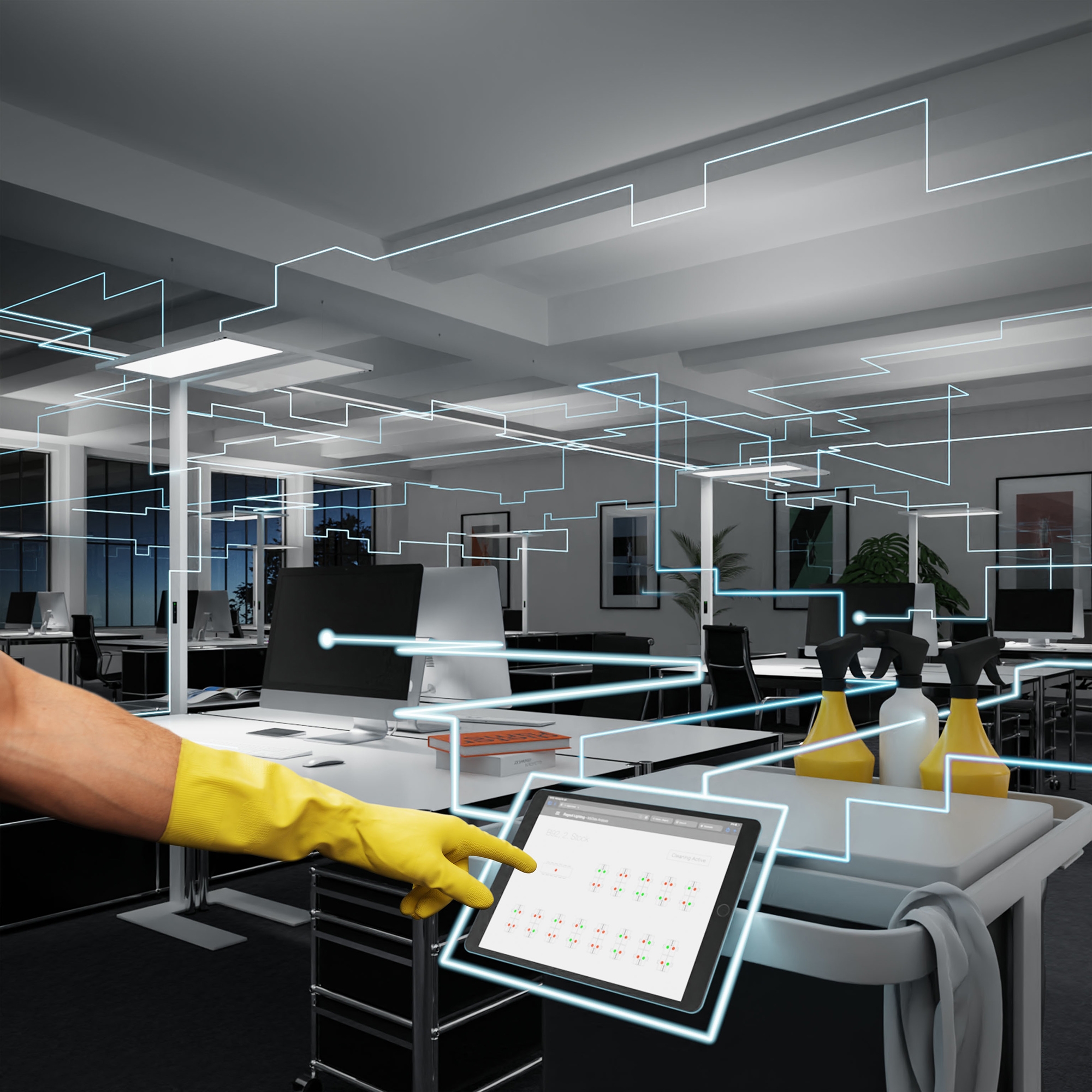 The ‘Smart Cleaning’ feature saves time, costs and resources. Thanks to the cleaning light function which can be controlled on the dashboard or directly on the luminaire, only the workplaces to be cleaned are illuminated - clearly and unambiguously