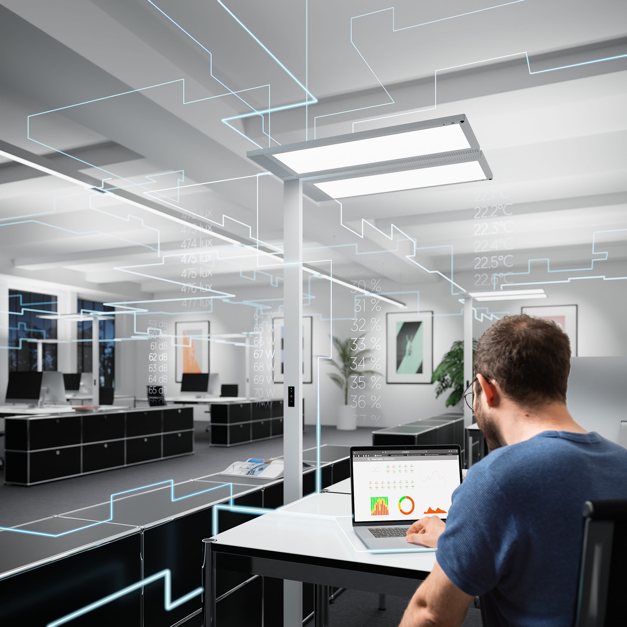 With MyData Analysis, Regent Lighting has developed a system that uses sensors integrated into the luminaires to collect data that can be used to efficiently optimise processes in open offices
