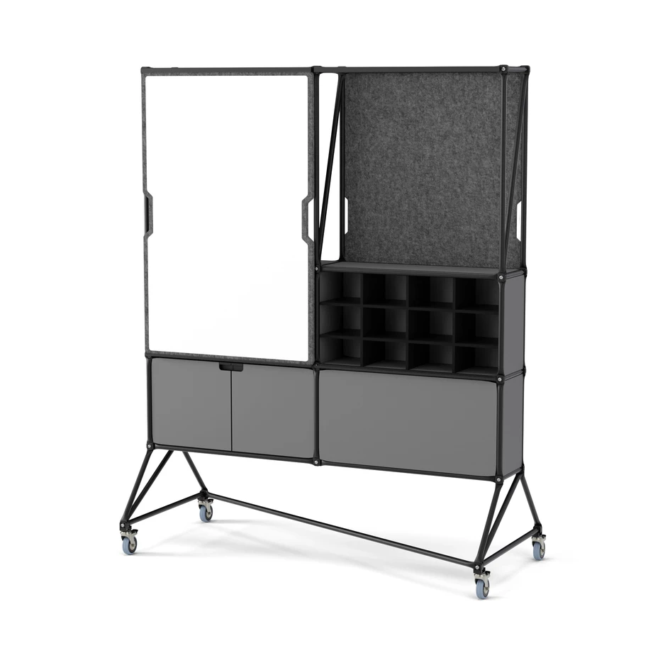 Clever detail solutions: The system can be equipped with various cabinet elements and shelving units, for example, a pinboard made of felt modules can be integrated or a whiteboard can be used for the collection of ideas