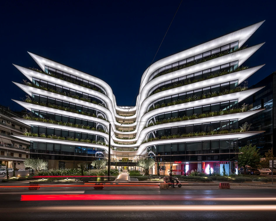 With their ‘Orbit’ Urban Office Campus in Athens, Lianou Chalvatzis Architects and Vikelas Architects working with local lighting designer Athanassios Danilof, have created a new nocturnal landmark. Photo: Pygmalion Karatzas