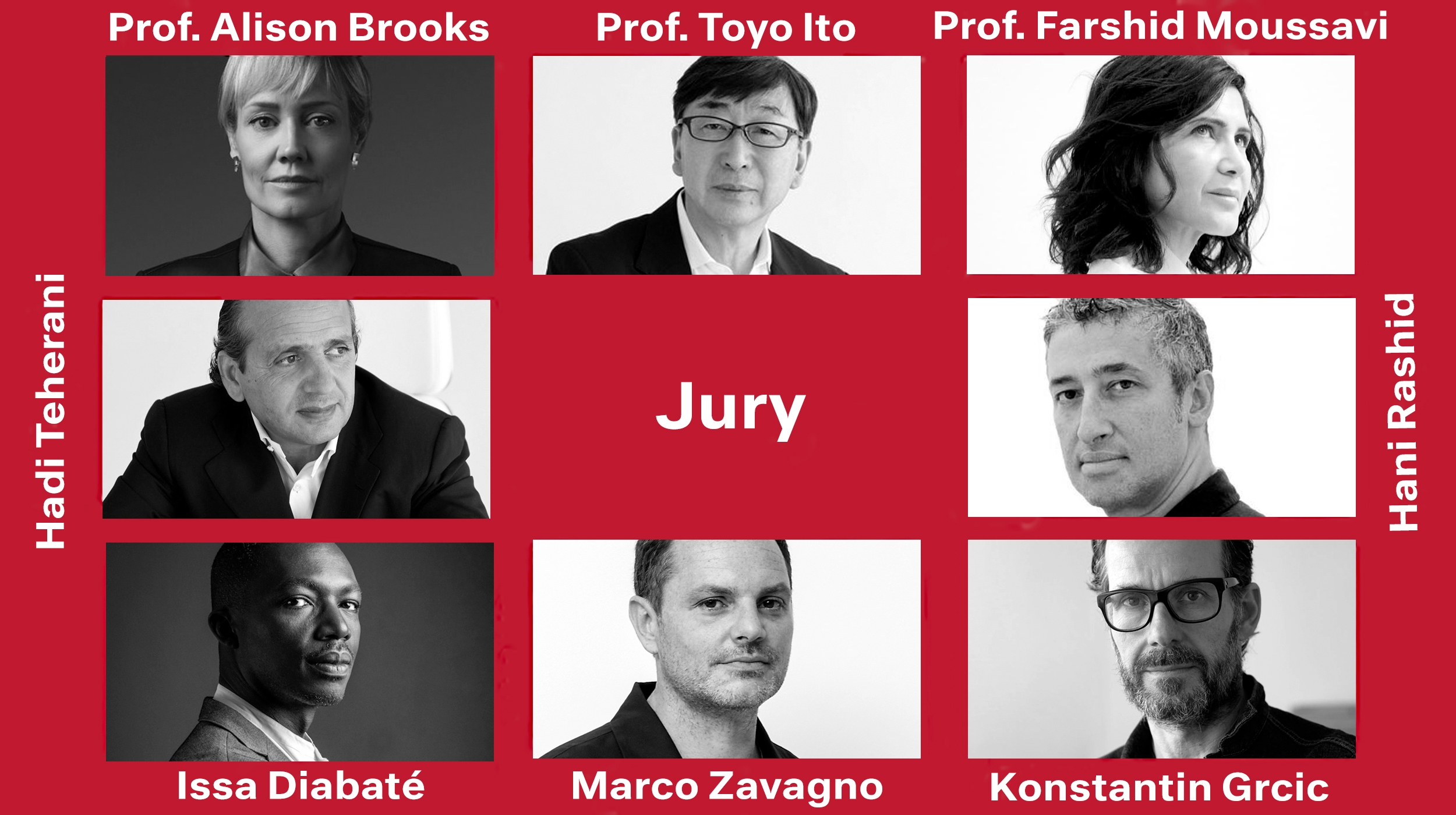 This year's DEA jury includes –from left to right, top to bottom – Prof. Alison Brooks, Prof. Toyo Itō, Prof. Farshid Moussavi, Hadi Teherani, Hani Rashid, Issa Diabaté, Marco Zavagno and Konstantin Grcic