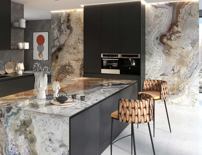 Dècora Glass panels in Quartz Wood provide a seamless surface for counters and walls in the kitchen