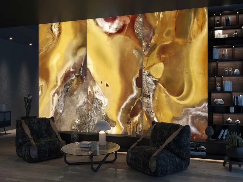 This cosy hotel lobby features Tecnografica’s Dècora Glass panels in Mokaite from the Minerals Collection – backlit for a warm glow