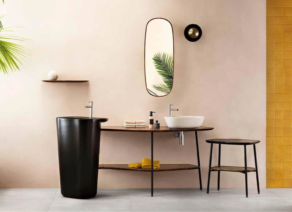 Top: Living SaphirKeramik bowl washbasin by Laufen. Below: Plural Ceramic Counter by VitrA