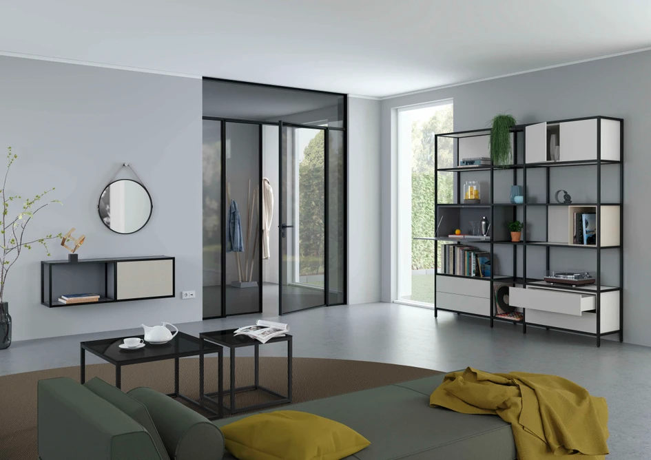 Der aus schwarz eloxierten, geschliffenen Aluminiumprofilen bestehende Rahmen von Creo erinnert in Kombination mit weissen Schubladen- und Tür-Elementen an die Bilder des holländischen Malers Piet Mondrian