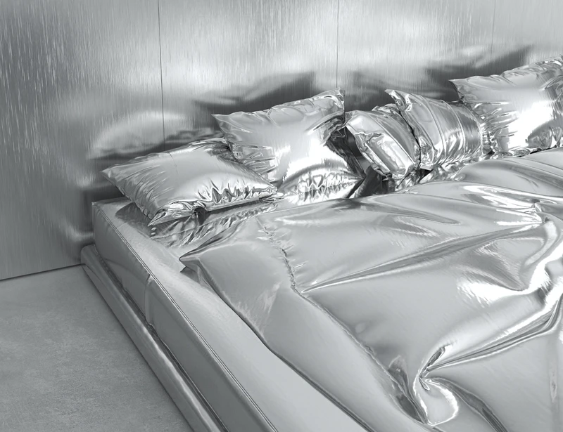 The Bedroom, 2021, by Harry Nuriev will be central to his sixth Curio presentation. A silver Ryokan-style mattress, within a zen-like cube represents the bedroom as a space to escape reality and meditate