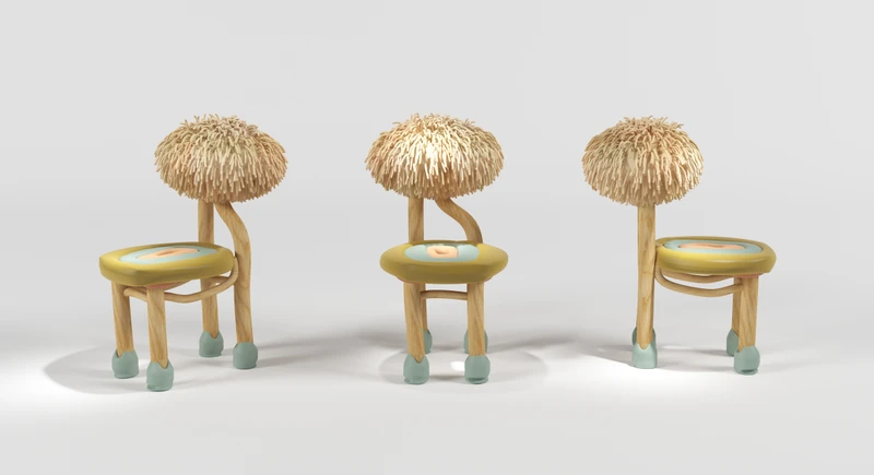 Chairs by Lebanese designer Khaled El-Mays at HOUSE OF TODAY. They form part of a solo exhibition entitled New Nature, featuring five works made in collaboration with craftspeople from Mexico City