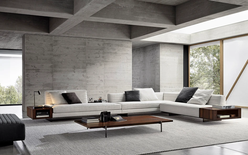 The highly versatile Roger seating system incorporates the cantilevered Case coffee table which doubles as a surface for books and objects