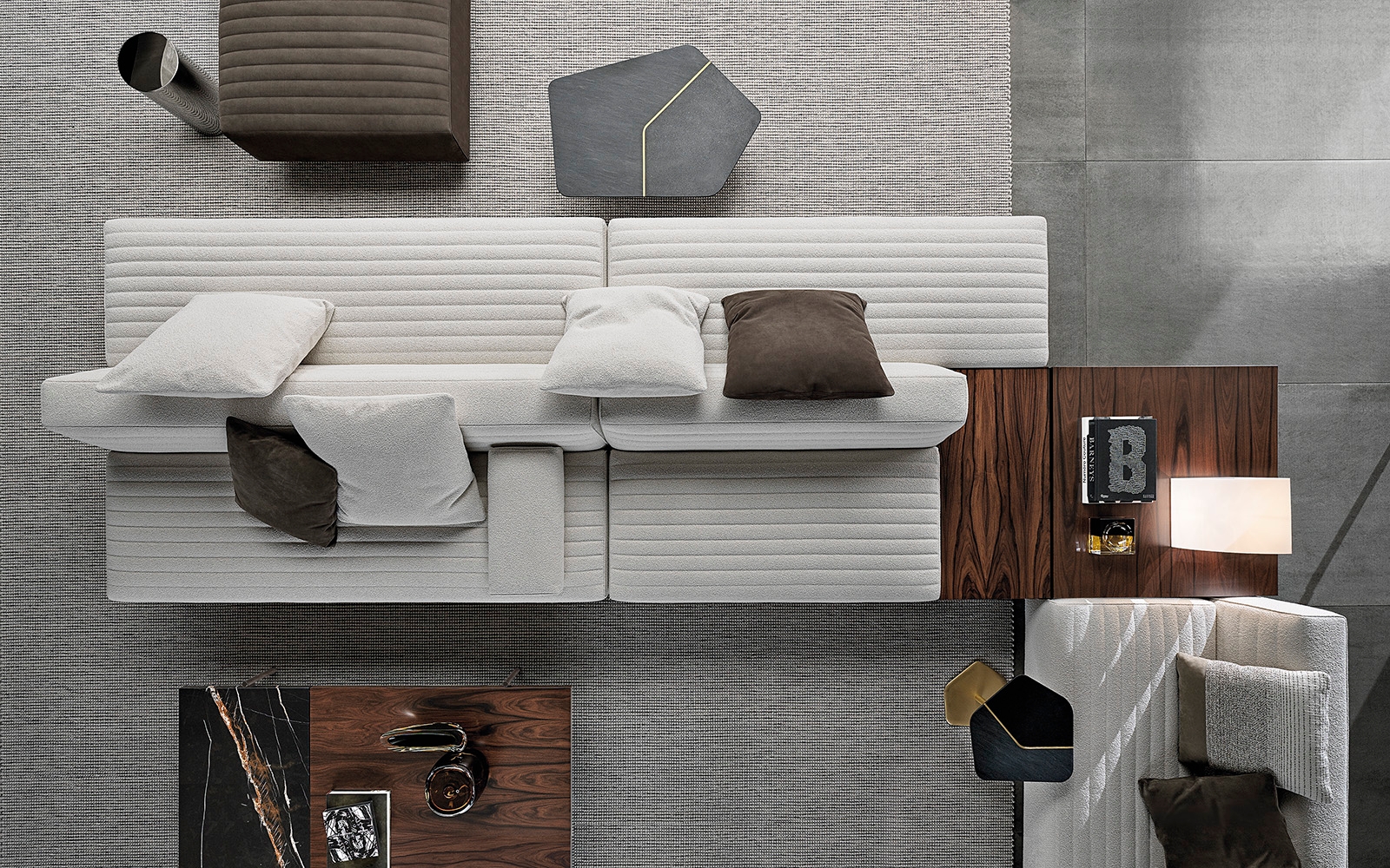 Top: Roger is conducive to social gatherings or private moments spent homeworking or watching movies. Centre and above: Reinforcing Roger’s versatility are many modules in different sizes, offering multiple configurations, including back-to-back seating