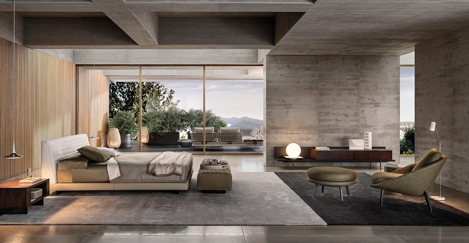 The coordinating Roger Bed echoes the seating system’s refined aesthetic and luxurious comfort