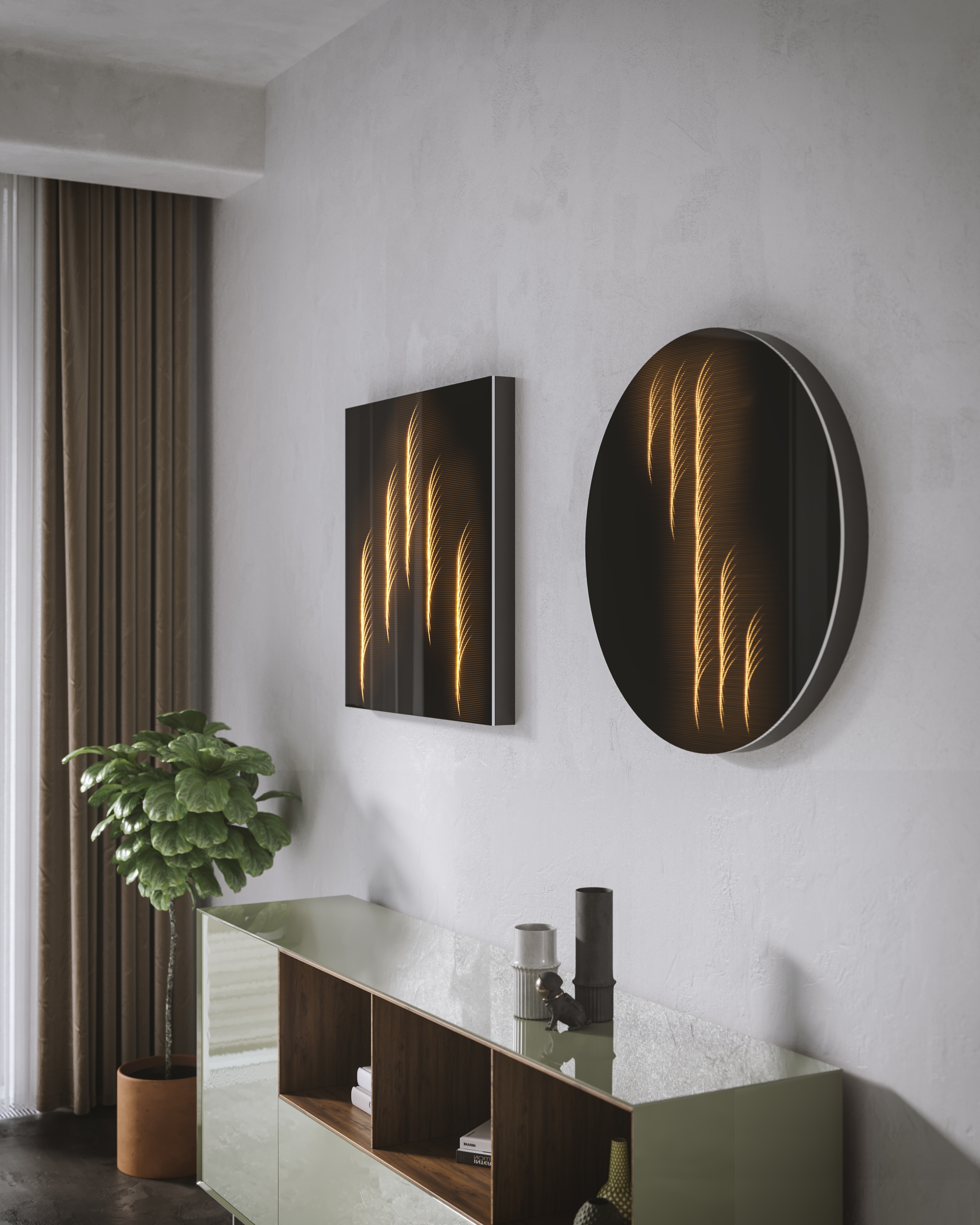 The round Ambiloom Mirror 750 R and the square Ambiloom Mirror 750 are wall mirrors with a special lighting effect thanks to Ettlin Lux textile. The Ambiloom Pendant 250 luminaire (top right) will be presented at imm Cologne 2022