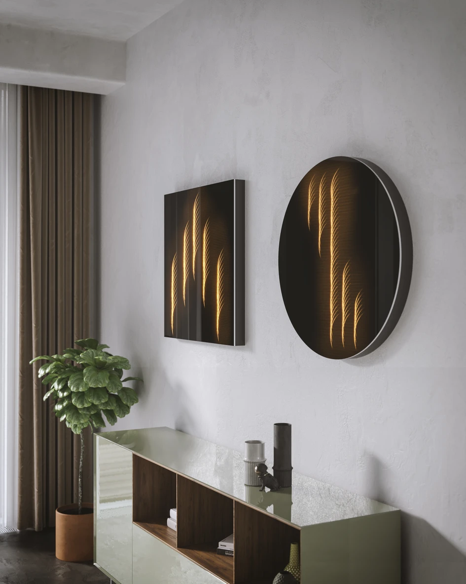 The round Ambiloom Mirror 750 R and the square Ambiloom Mirror 750 are wall mirrors with a special lighting effect thanks to Ettlin Lux textile. The Ambiloom Pendant 250 luminaire (top right) will be presented at imm Cologne 2022