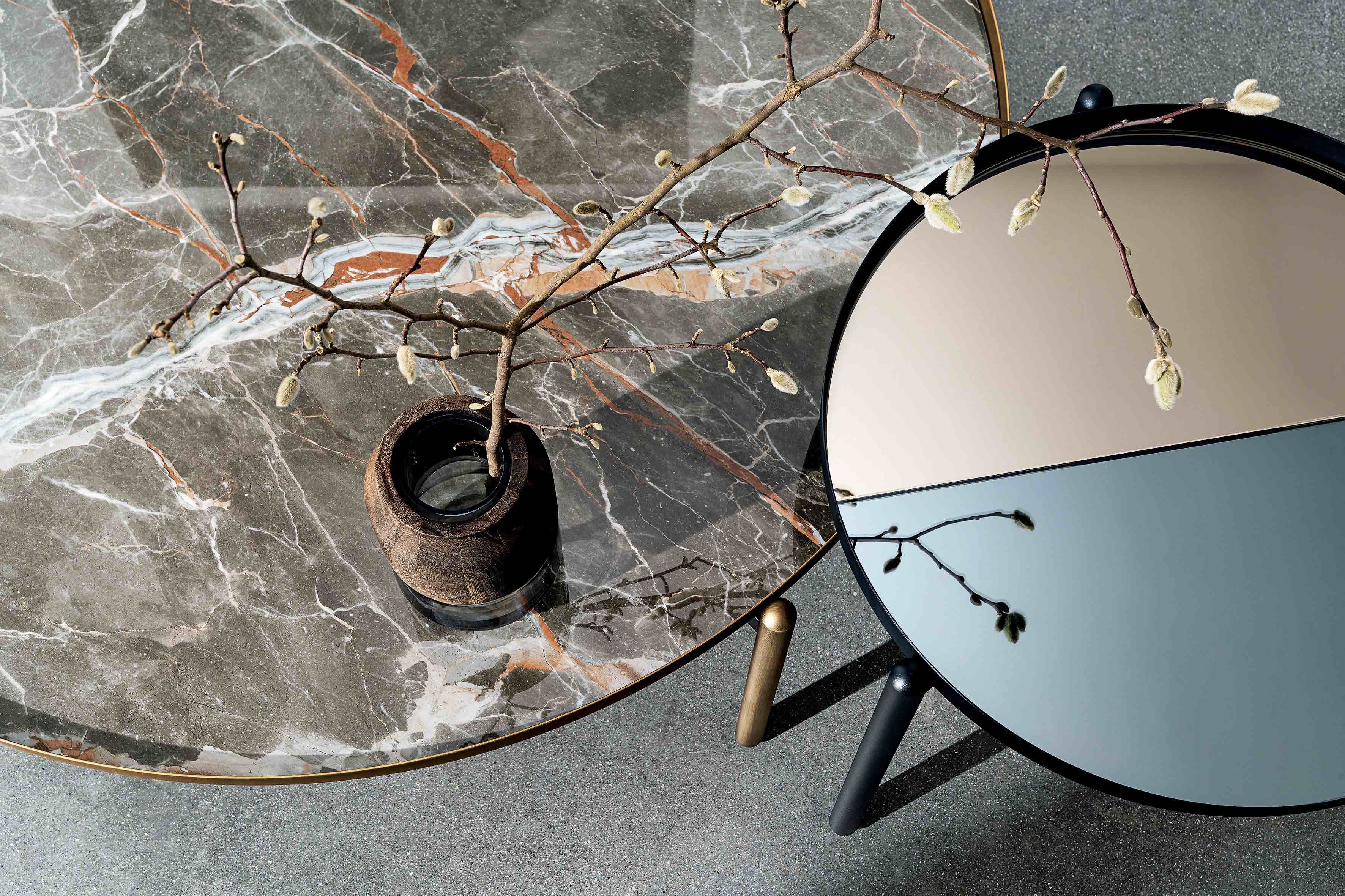 Altherr Désile Park have collaborated with Sovet on the design of the Campos coffee table, which graphically mixes mirrored glass and ceramic in its round surface