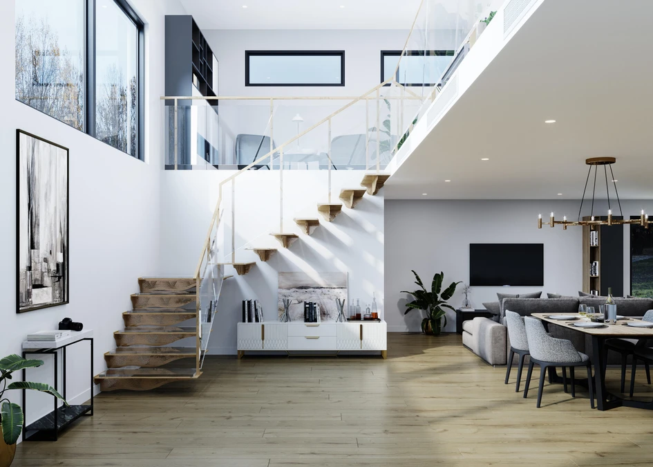 Transparent risers can make visually impressive open staircases like this more functional