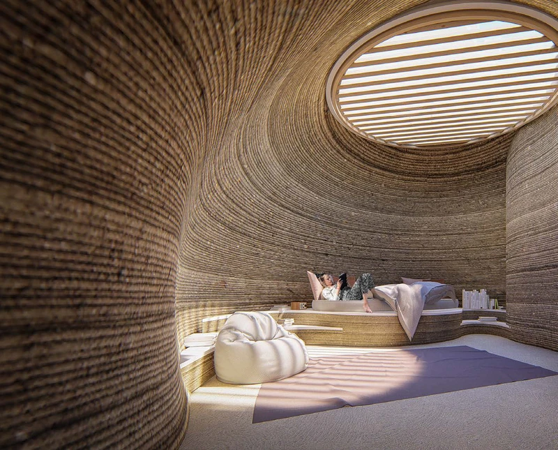 Für Zwillingshäuser in Chile (oben) wurden vorgefertigte Paneele wegen ihrer exzellenten Wärmedämmung gewählt. TECLA (unten) ist ein 3D-gedrucktes Domizil von WASP und Mario Cucinella Architects. Fotos: Andrés Goñi H & WASP