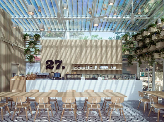 Café 27 counteracts the solar heat gain of a glass ceiling with wooden slats, positioned to obstruct the daily sunlight. Photo: YiHuai Hu