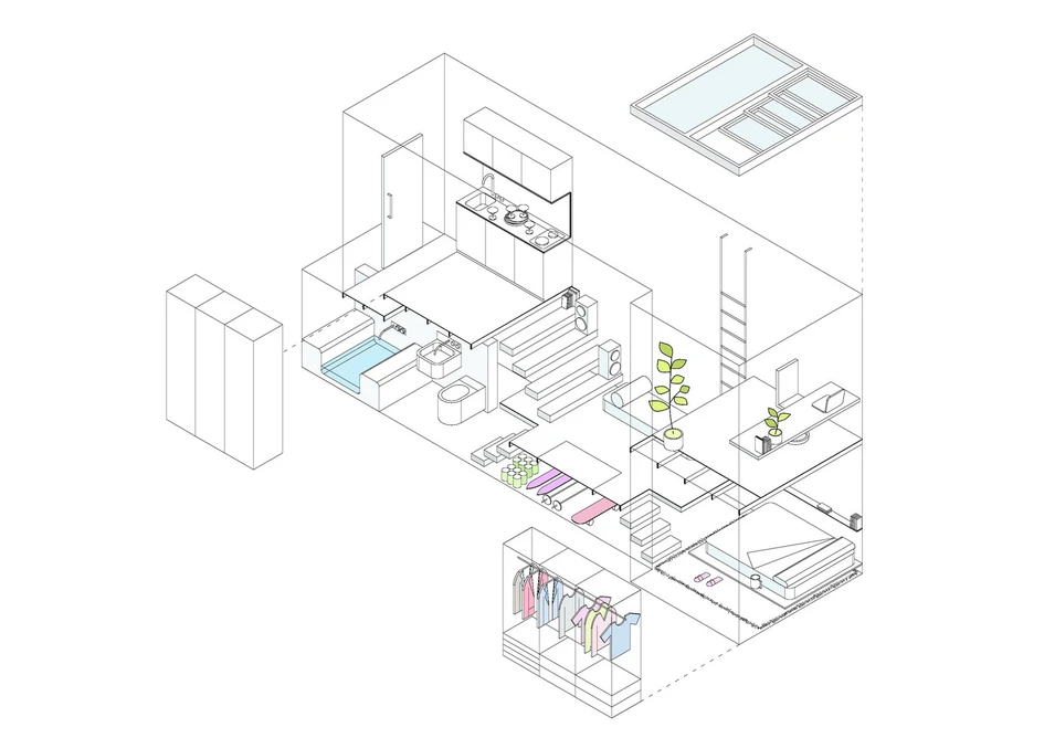 The Urban Shelter apartment's tall and narrow 21-sqm footprint is filled with multiple levels, connected by various steps and ladders in place of a traditional staircase. Photo: ArchDaily