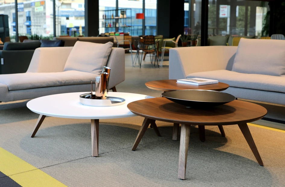Prostoria's Oblique furniture collection features angular crafted legs that seem to sit on a pin