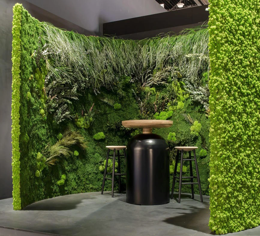 The 9m-tall green wall in Singapore (top), Ekomoss' 35-sqm moss wall in Slovakia (middle), and Greenmood's curved semi-private meeting space (bottom) Photos: Mr Edward Hendricks (top), EL | MO Visual (middle)