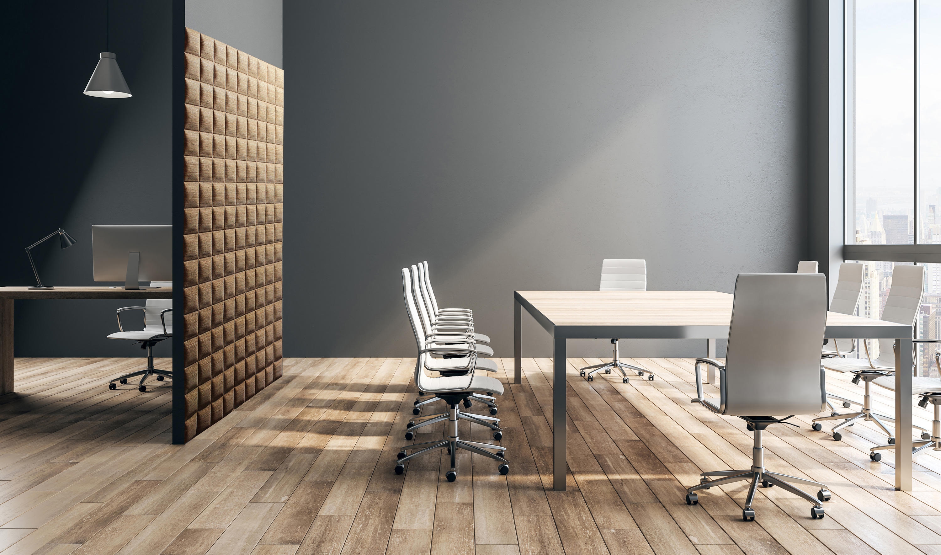 Old stock is utilised at this furniture showroom as distinctively colourful baffles (top), while renewable cork tiles (bottom) from coverdec.one are the next best thing. Photo: Patryk Lewiński (top)