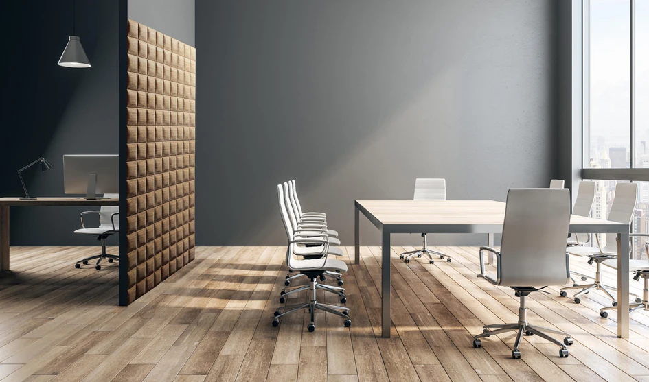 Old stock is utilised at this furniture showroom as distinctively colourful baffles (top), while renewable cork tiles (bottom) from coverdec.one are the next best thing. Photo: Patryk Lewiński (top)