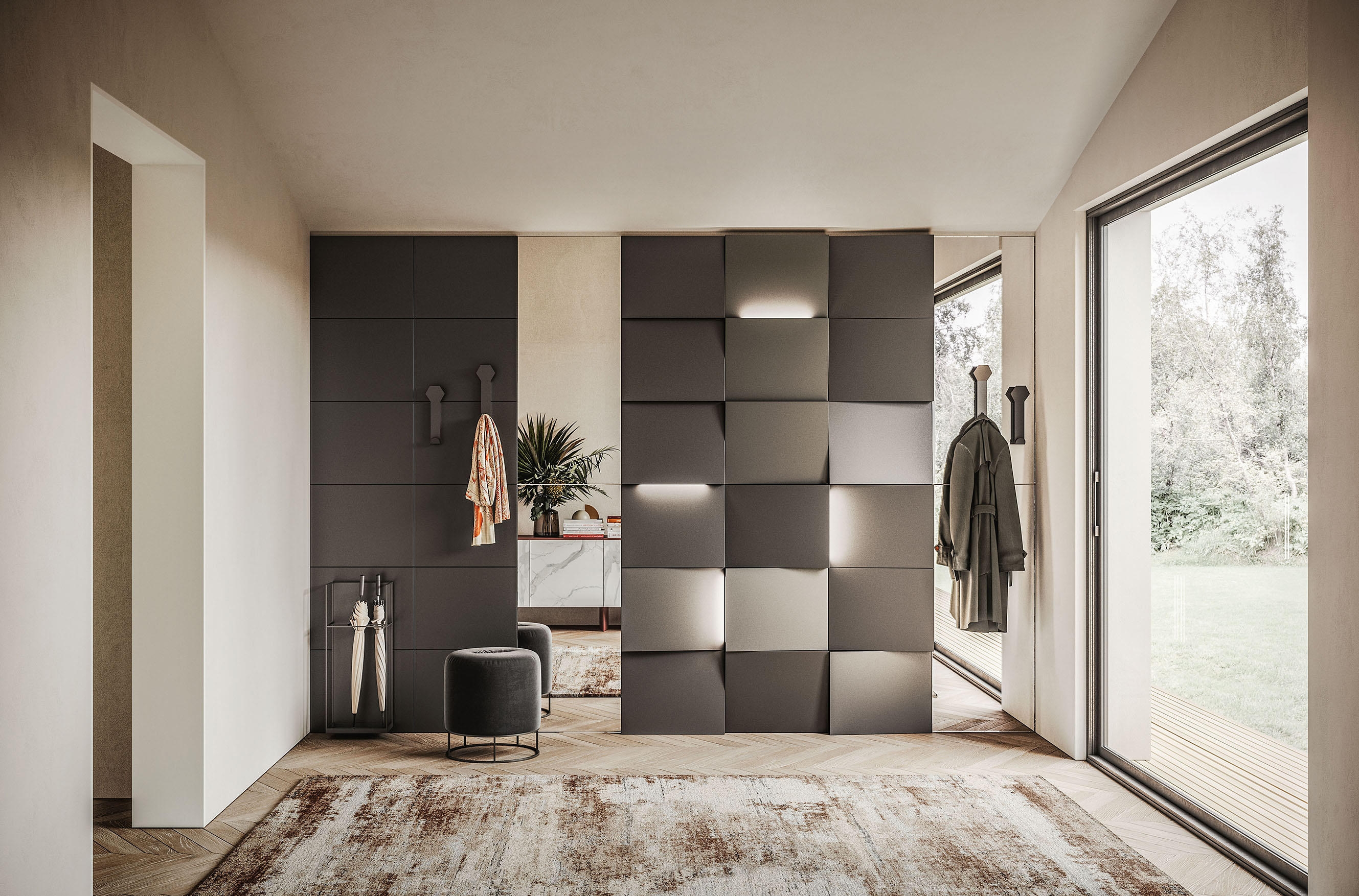 Sections of the waiting room wall at Le Belem Dental Center are left mysteriously ajar (top), while Ronda Design's Caddy Tilt panelling (bottom) can create the same effect. Photo: Marca Corona (top)