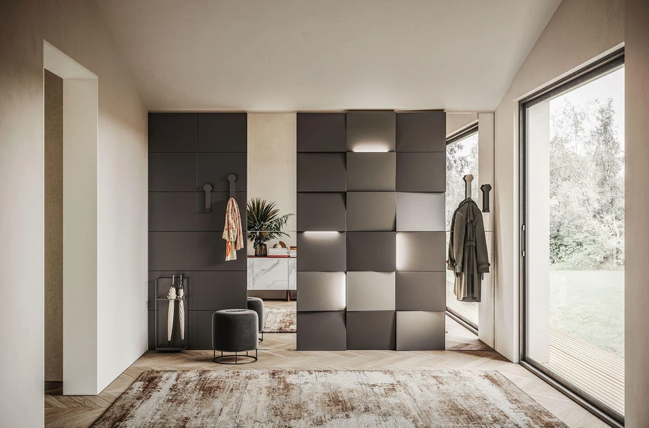 Sections of the waiting room wall at Le Belem Dental Center are left mysteriously ajar (top), while Ronda Design's Caddy Tilt panelling (bottom) can create the same effect. Photo: Marca Corona (top)