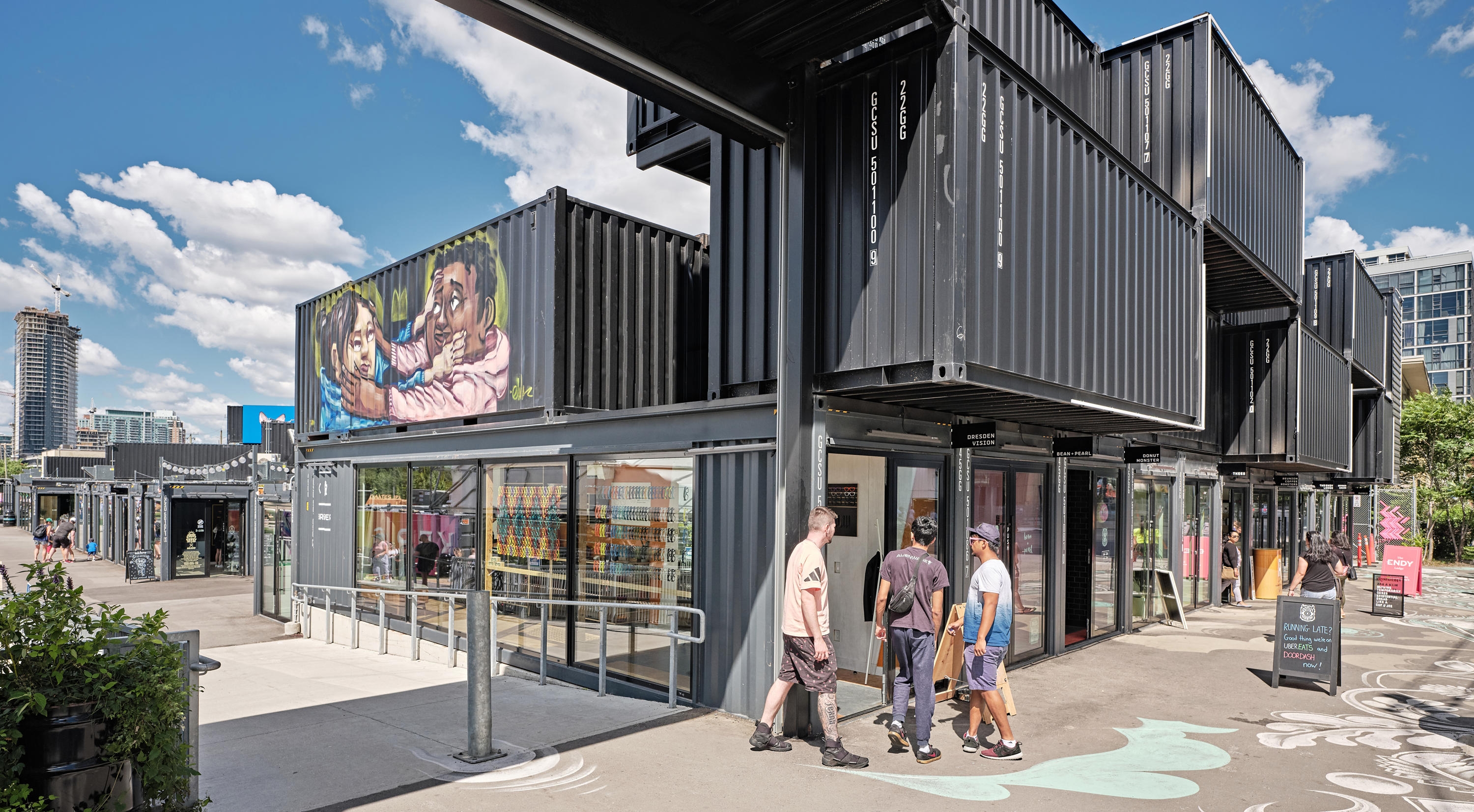 Suspended brick facade (top) and theatre space (middle) at Shipyard 1862, and the pop-up Stackt Market (bottom). Photos: Kano Eiitchi (top, middle) and Industryous Photography (bottom)