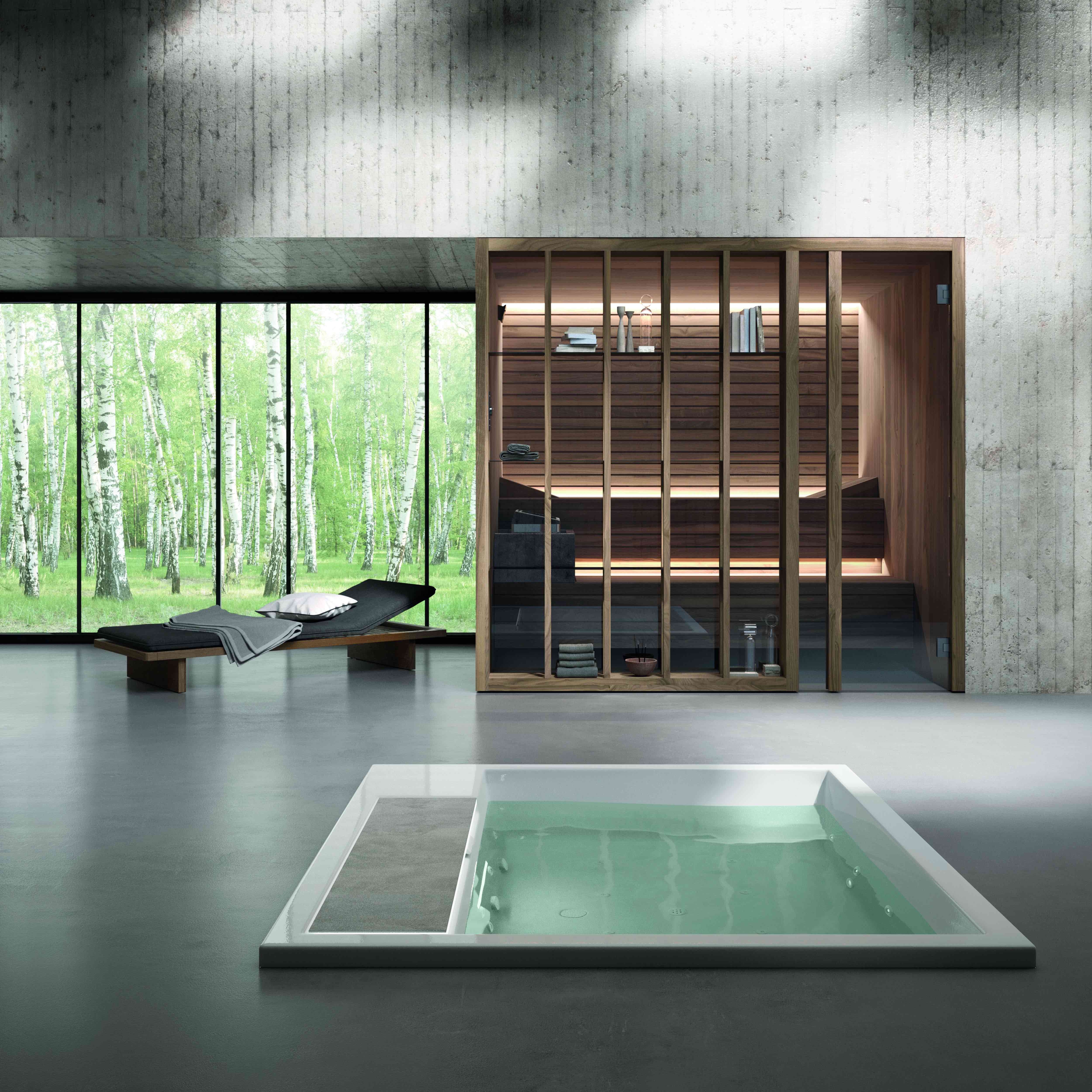 Arranged in front of the sauna, the shelving can be used to obscure the interior and better integrate the structure into the room. Filled with plants, the connection to nature only increases
